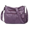 Sac bandoulière violet en cuir avec motif floral en relief et poches zippées pratiques - Violet