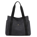 Große schwarze Canvas-Einkaufstasche mit funktionellen Taschen und breiten Schultergurten - Schwarz