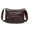 Dark brown PU leather shoulder bag with embossed floral details and multi-zipper pockets - Coffee