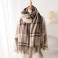 Plaid cashmere-like tassel scarf in brown and cream earth tones on a wooden mannequin - 200x62cm (Including Tassel) / Tan