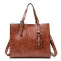 Bolso tote vintage de cuero PU marrón con patrones de letras grabadas y bandolera - Bolso Individual / Marrón