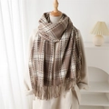 Écharpe classique à carreaux café et beige en imitation cachemire avec de longues franges d'hiver - Carreaux Camel Clair (WT210-5)