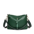 Dark green leather shoulder bag with vertical zipper and wide strap on white background - Green