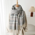 Plaid cashmere feel scarf with fringe tassel, classic chevron knit pattern in soft colors - Light Green