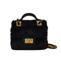 Elegante borsa a mano in pelliccia sintetica nera con chiusura dorata e catena metallica - Nero