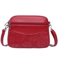 Elegante donkerrode crossbodytas voor dames met bloemenreliëf en dubbele ritsen - Rood