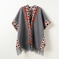 Ethnic knit shawl cloak in grey with geometric orange patterns and warm fringe hem - 168CM / Gray