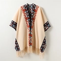Ethnic knit shawl cloak with bohemian geometric patterns and elegant tassel hem - 168CM / Beige