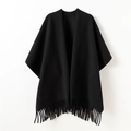 Minimalist black knitted tassel shawl cloak for winter with thick warm fringe detailing - 168CM / Black