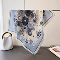 Elegant floral silk square scarf in cream and blue with daisy and sunflower prints - Light Blue (FG39-3)