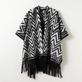 Châle en tricot à chevrons noir et blanc avec franges pour l'automne et l'hiver - Noir
