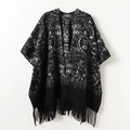 Scialle retrò bianco e nero in finta cashmere con maglia geometrica e nappe lunghe - 168CM / Nero
