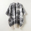Women's reversible knit shawl cape with ink wash tree patterns and white fringe trim - Gray