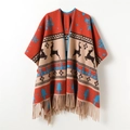 Châle de Noël en tricot avec motifs de rennes, pompons et design bicolore élégant - Taille unique / Rouge Orangé