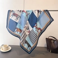 Checkered horse print square silk-feel scarf draped with a stylish handbag - 68*68cm / Blue (FR117-1)