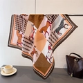 Elegant silk-like square scarf featuring horse prints and houndstooth patterns in orange - 68*68cm / Coffee (FR117-2)