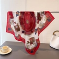 Detail of vintage square scarf with red and gold horse carriage pattern on metal hanger - 68x68cm / Red