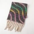 Detailed view of colorful gradient wavy patterns and white fringe tassels on scarf - 220*42cm / Green