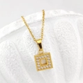 Elegant gold square hollow pendant necklace set with sparkling zircon stones - Square Style (N0046)