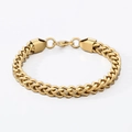 Close-up of gold wheat chain bracelet with polished cylindrical ends and lobster clasp - Wide Style / Gold
