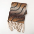 Macro view of gradient cashmere-like scarf showing wavy lines and thick cream tassels - 220*42cm / Brown