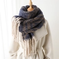 Winter navy and brown geometric scarf with tassels for women, warm cashmere feel wrap - Navy Blue