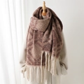 Navy and brown geometric thick cashmere scarf with tassels for winter fashion style - Brown