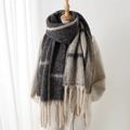 Classic black and white plaid cashmere-feel scarf with long tassels for winter - Black