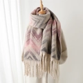 Pink and grey chevron pattern pashmina scarf with fringe on a white coat model - 220x42cm / Pink (WT223-5)