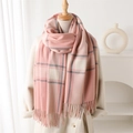 Plaid cashmere-like scarf with fringe tassels in soft pink and beige check patterns - Pink