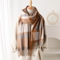 Classic caramel plaid cashmere-feel shawl scarf with tassels for autumn and winter - 200x62cm / Brown