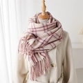 Pink and grey checkered faux cashmere tassel shawl worn over a white coat for winter - Pink