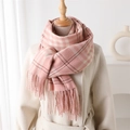 Close-up of pink and beige plaid cashmere-feel scarf with fringe on a white coat - Pink (WT204-1)
