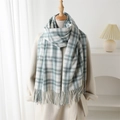 Plaid cashmere-like scarf with soft tassels in beige and green for autumn winter fashion - Light Blue