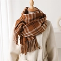 Detailed view of the brown and white plaid pattern and soft tassels on the cashmere-like scarf - Camel (WT204-3)