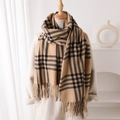 Classic British camel plaid cashmere-like scarf with tassels shown on a wooden mannequin - Khaki (WT204-4)