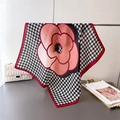 Elegant silk-like scarf with black and white houndstooth pattern and pink camellia flower - Red
