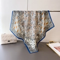 Detail of premium square silk scarf with blue paisley pattern and floral print texture - 68*68cm / Navy Blue