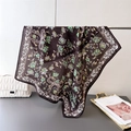 Dark blue floral square scarf with herringbone texture and white lace border accents - One Size / Brown