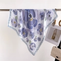 Elegant floral silk-feel square scarf with purple blossoms and blue geometric borders - 70*70cm / FG17-1 White Purple Floral