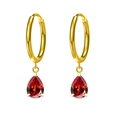Gold-plated hoop earrings with pear-cut deep red gemstone drops and three-prong setting - Red (E0080-1)