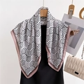 Elegant silk scarf with black white wave print and pink satin border on a wooden hanger - 66-70CM / Flesh Pink Edge