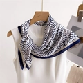Blue and white wave print silk square scarf tied on a white blouse with a minimal backdrop - 66-70CM / Navy Blue Edge