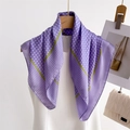 Detail of purple polka dot silk scarf with green stripes draped on a hanger - Purple Polka Dot with Green Border (FG16-3紫色)