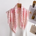 Pink silk-like square scarf with cherry and paisley print styled on a white dress - 70*70cm / FG14-2 Pink Cherry