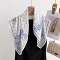 Silk-like paisley square scarf with red cherry prints draped on a wooden hanger - 70*70cm / FG14-3 White Blue Cherry