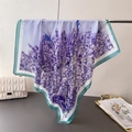 Silk-like square scarf with lavender floral print and green edge hanging for display - Lavender Purple (FG35-2)