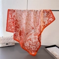 Elegant orange and white square silk scarf with floral botanical prints and wide border - Orange