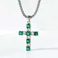 Detail of square green emerald and white zircon cross pendant on a steel chain - Green And White Zirconia