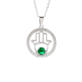 Silver Hamsa pendant necklace with central green gemstone on a minimalist chain - Silver Hamsa Hand Style